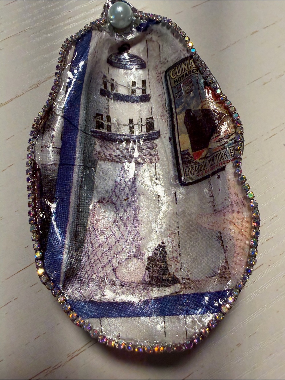 Handmade Lighthouse decoupage Decorative Oyster Shell trinket dish